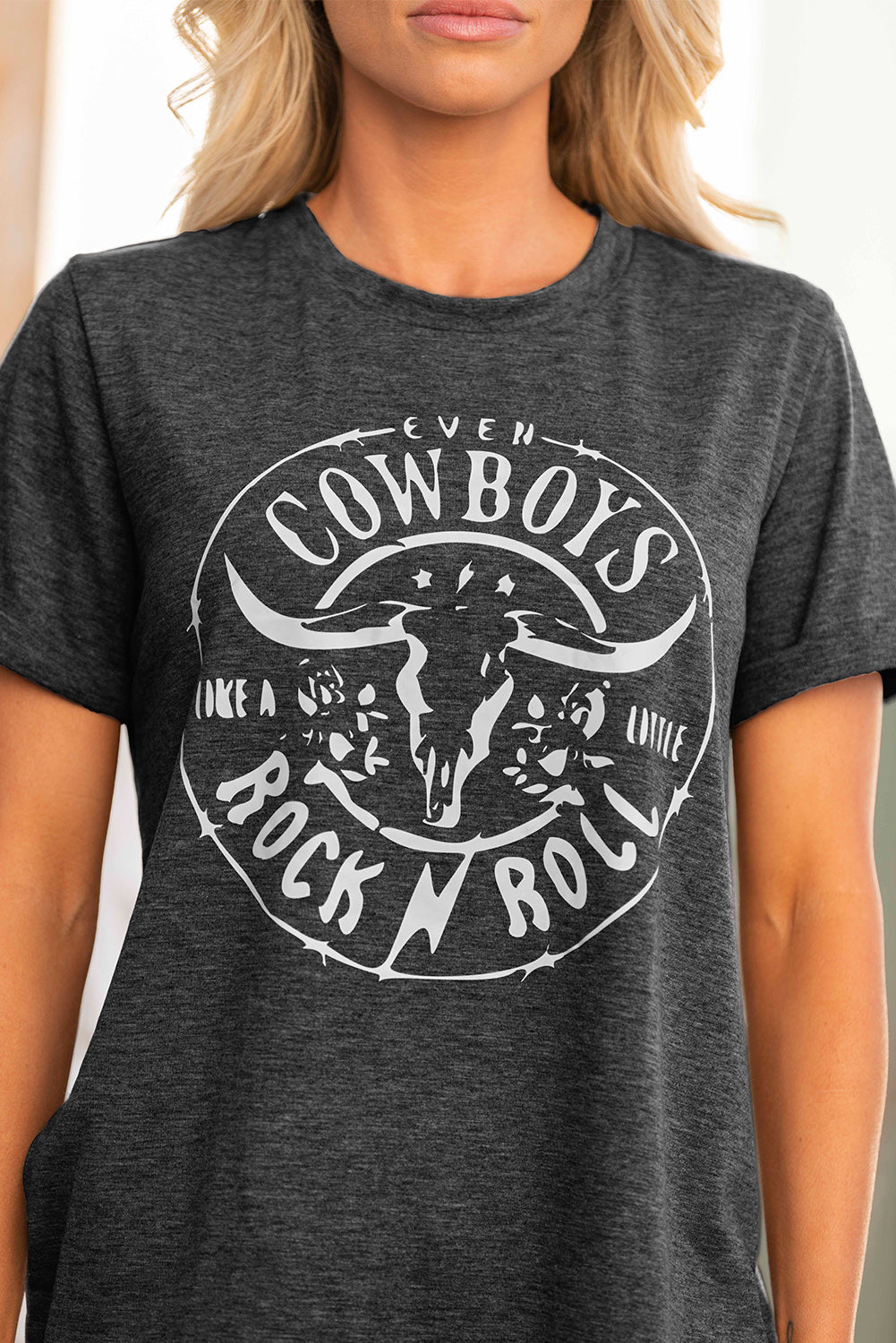 Grey Cowboys Letter Cow Print Western Short Sleeve Graphic Tee