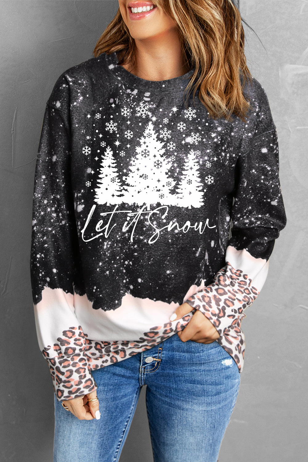 Black Christmas Tree Snowy Leopard Bleached Graphic Sweatshirt