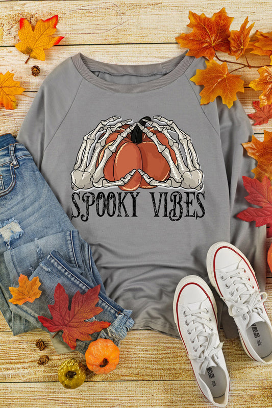 Gray Halloween SPOOKY VIBES Pumpkin Graphic Sweatshirt