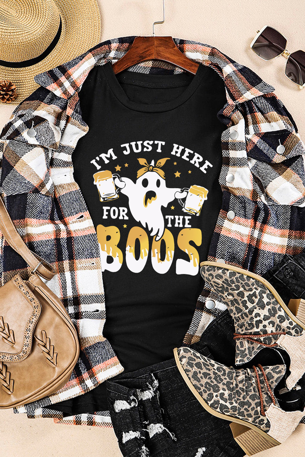 Black I'm Just here For The Boos Ghost Print Graphic T Shirt