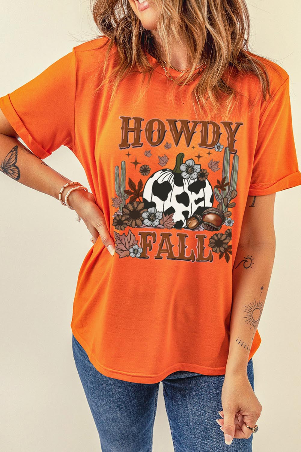 Orange HOWDY FALL Pumpkin Print Crewneck Graphic T Shirt
