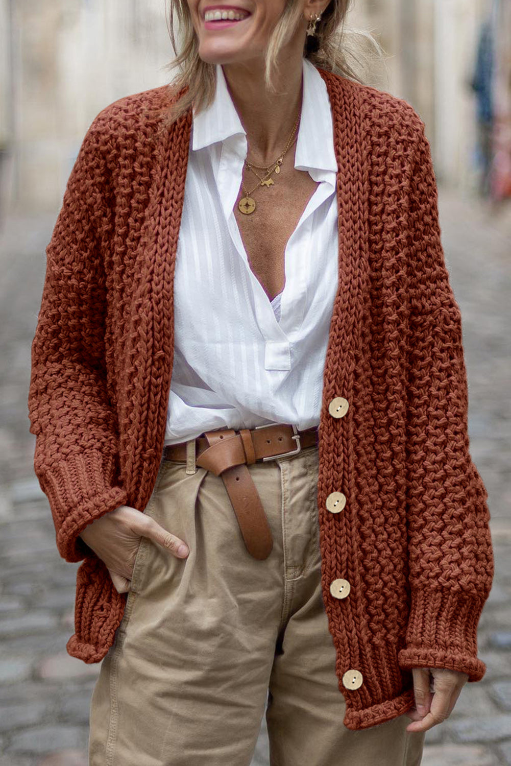 Apricot Button Front Chunky Knit Oversized Cardigan
