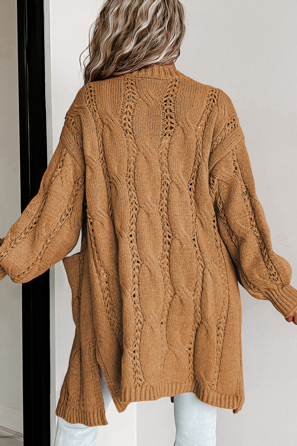 Red Ribbed Trim Hollow Knit Side Slits Cardigan