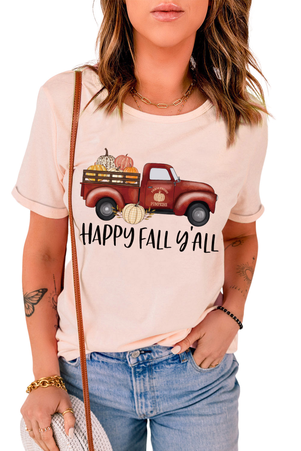 Pink Pumpkin Truck Short Sleeve Halloween Graphic T Shirt