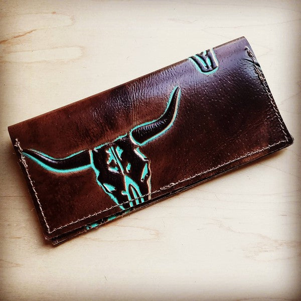 Embossed Leather Wallet-Turquoise Steer
