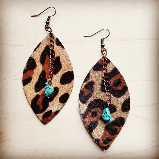 Leather Oval Earrings Leopard w/ Turquoise Drops