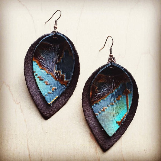 Leather Double Stacked Earrings-Blue Navajo