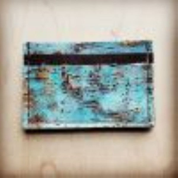 Leather Credit Card Holder-Turquoise Metallic