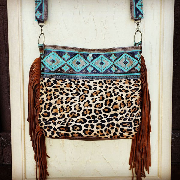 Tejas Bucket Leopard Handbag with Santa Fe Accent