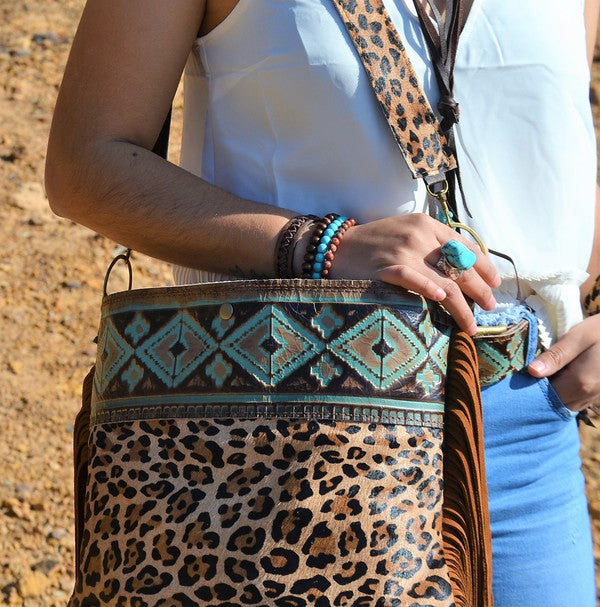 Tejas Bucket Leopard Handbag with Santa Fe Accent