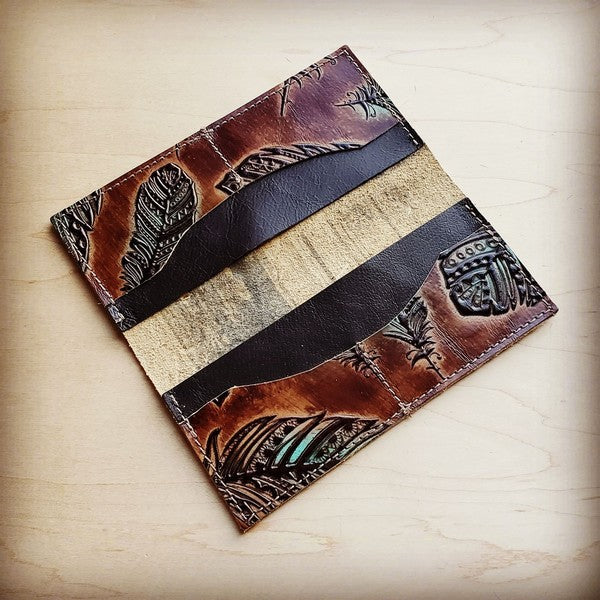 Embossed Leather Wallet-Plumas Sepia Turquoise