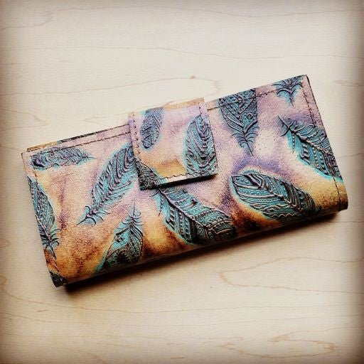 Leather Wallet-Plumas Sepia Turquoise with Snap