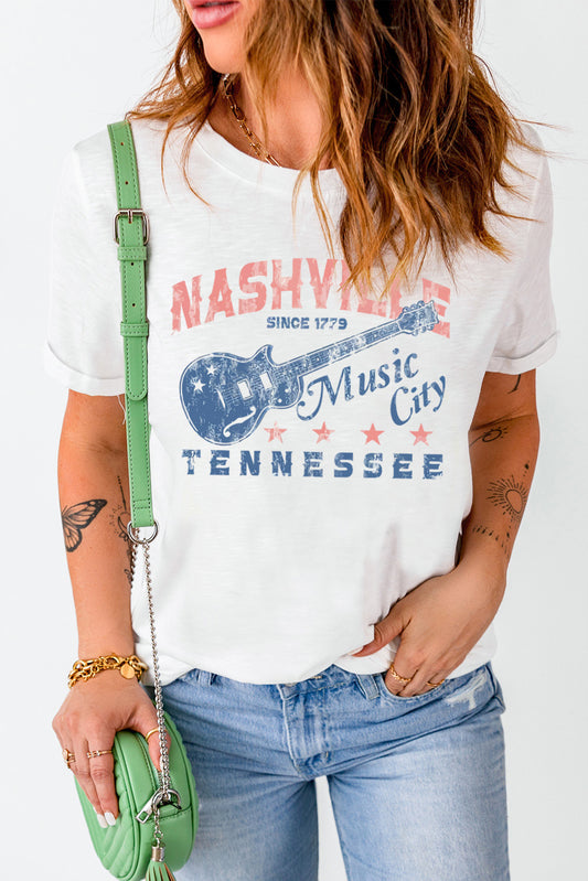 White Music City Letter Print Round Neck Graphic Tee