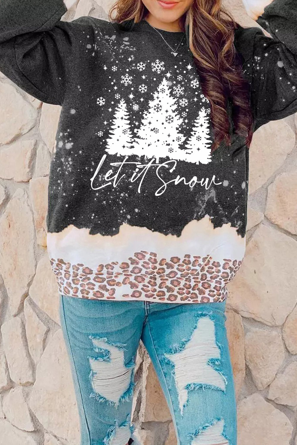 Black Christmas Tree Snowy Leopard Bleached Graphic Sweatshirt