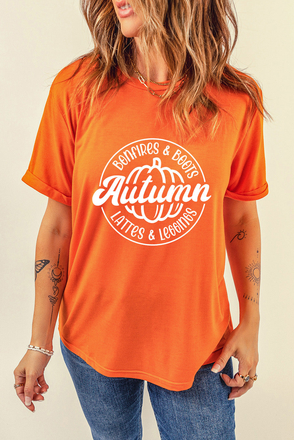 Orange Autumn Pumpkin Print Crewneck Graphic T Shirt
