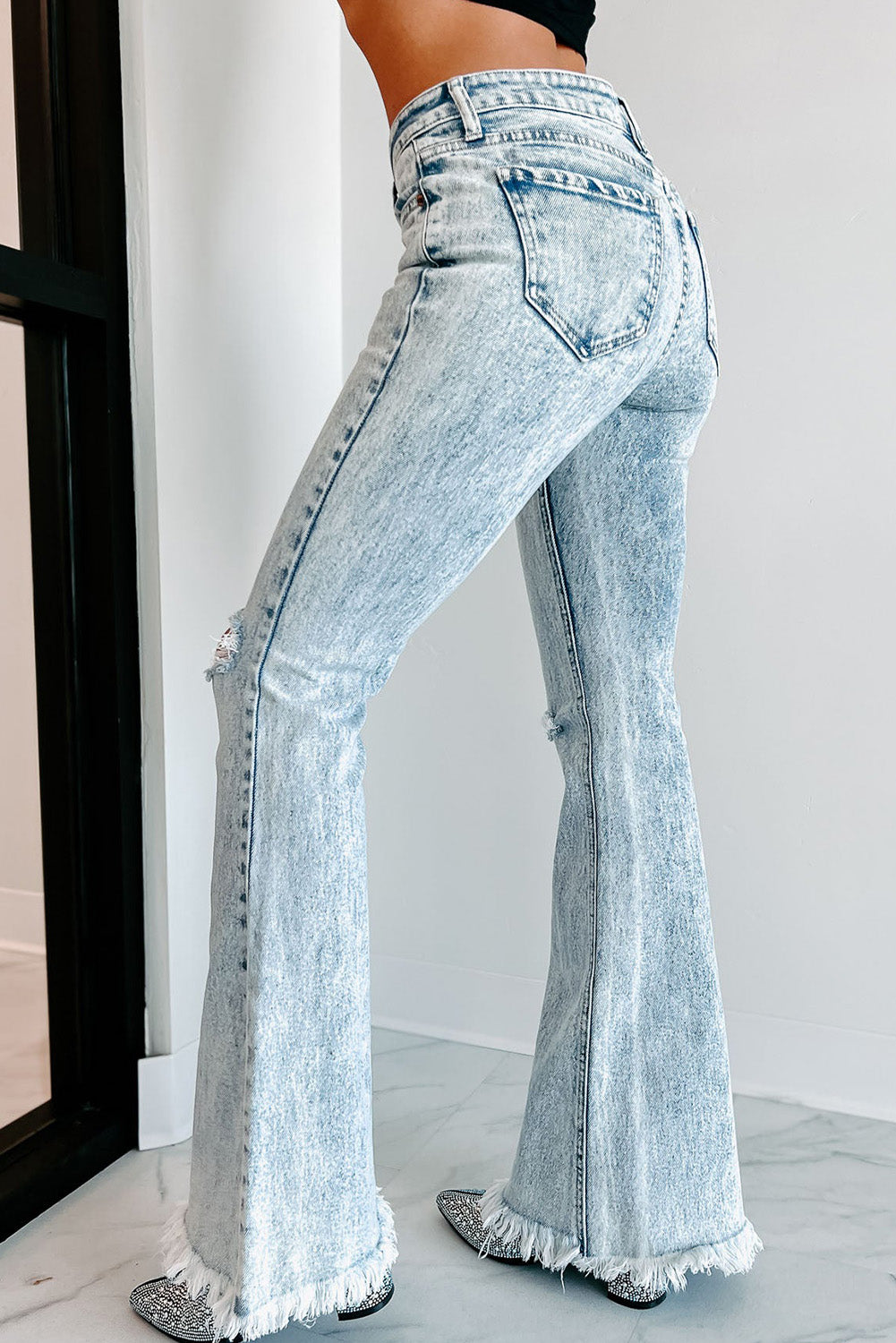 Light Blue Casual Distressed Washed Flare Jeans