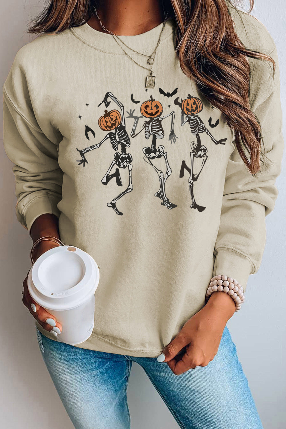 Khaki Skeleton Pumpkin Graphic Pullover Sweatshirt
