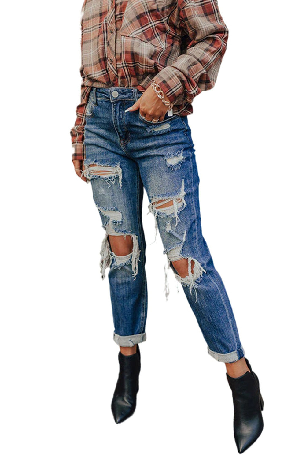 Blue Vintage Distressed Boyfriend Ripped Jeans