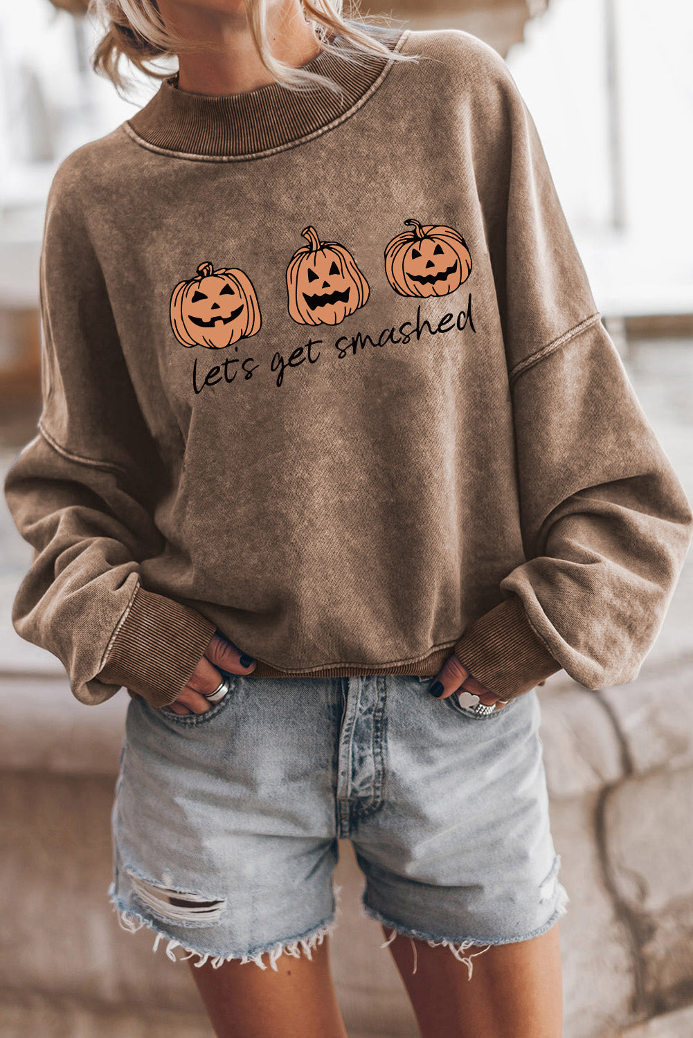 Brown Lets Get Smashed Halloween Pumpkin Graphic Sweatshirt
