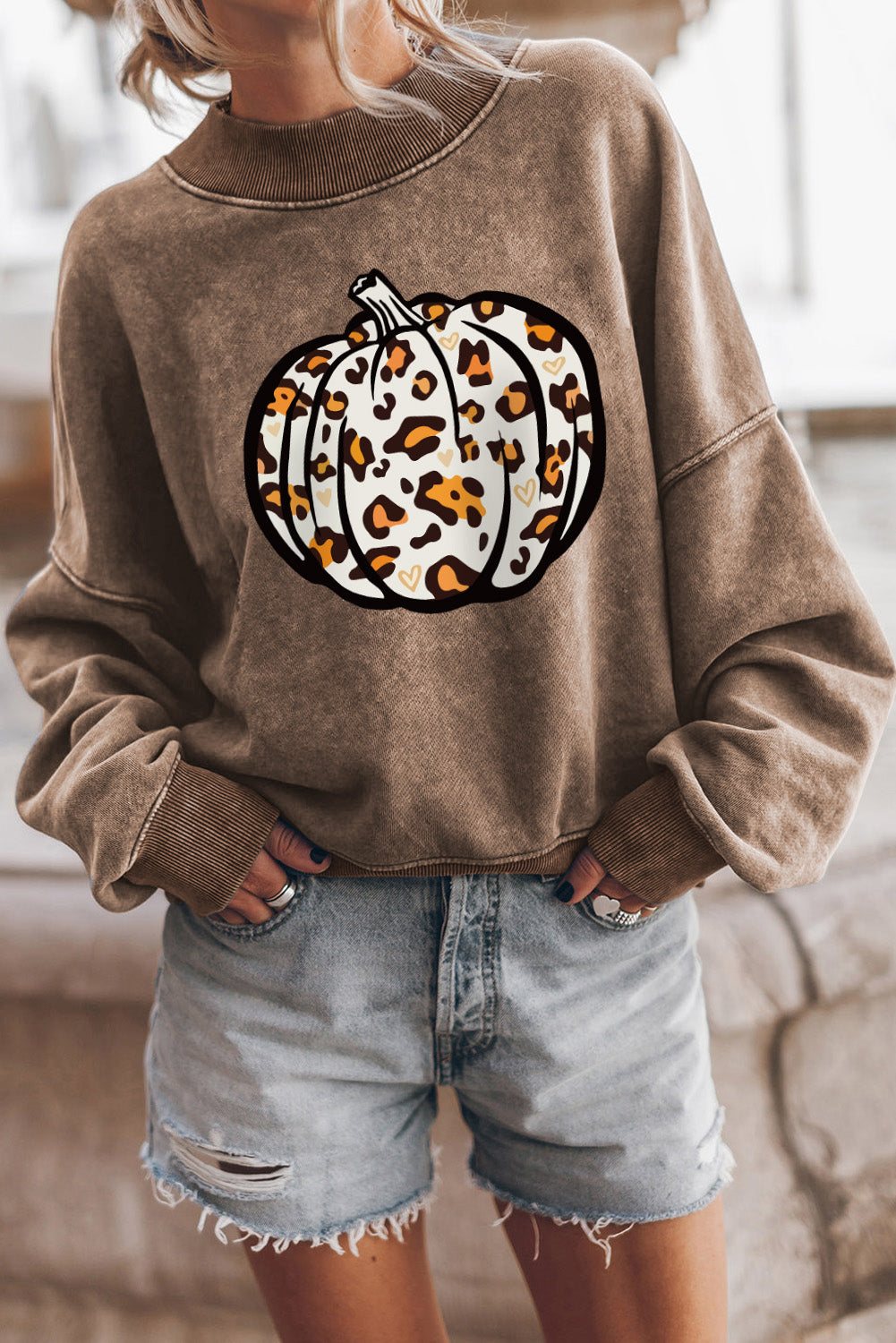 Brown Leopard Pumpkin Graphic Drop Shoulder Sweatshirt