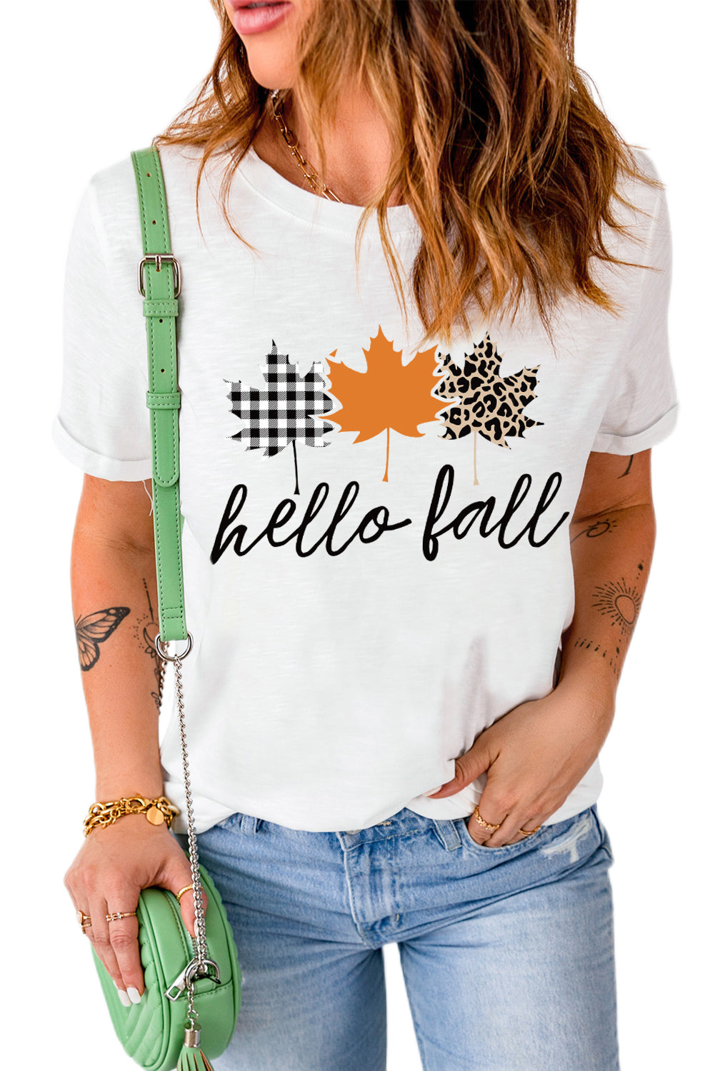 White Hello Fall Maple Leaves Casual Short Sleeve Graphic Tee