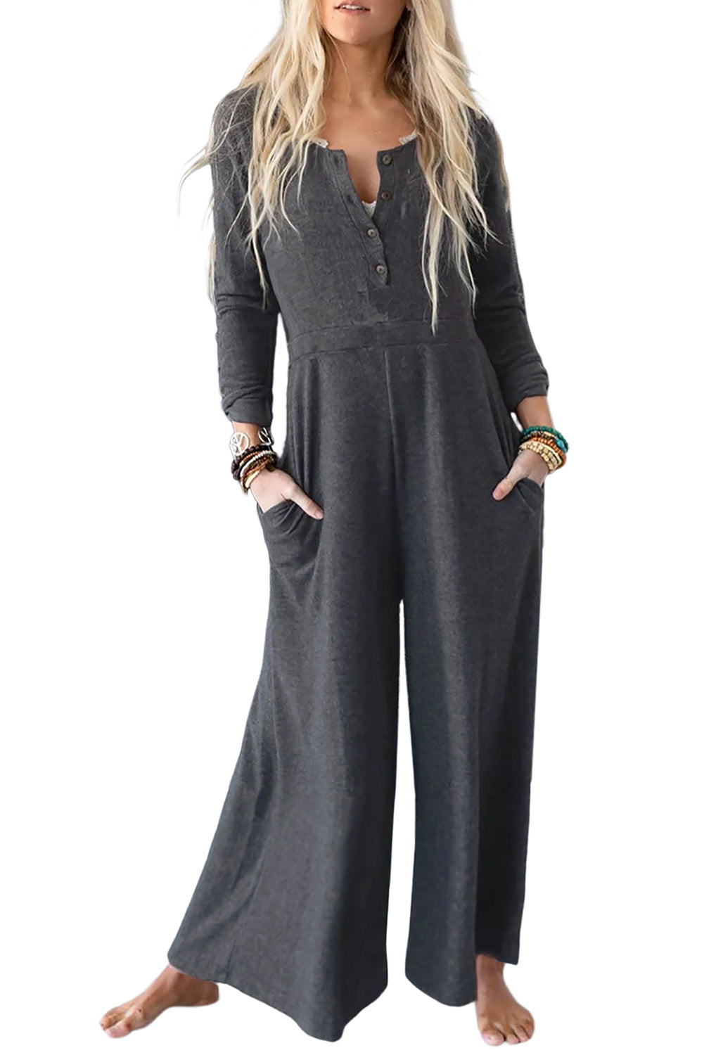 Grey Henley Long Sleeve Wide Leg Jumpsuit with Pockets