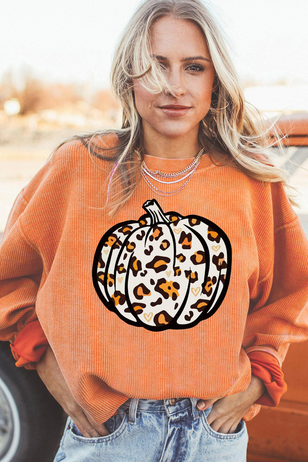 Orange Leopard Pumpkin Graphic Corded Sweatshirt