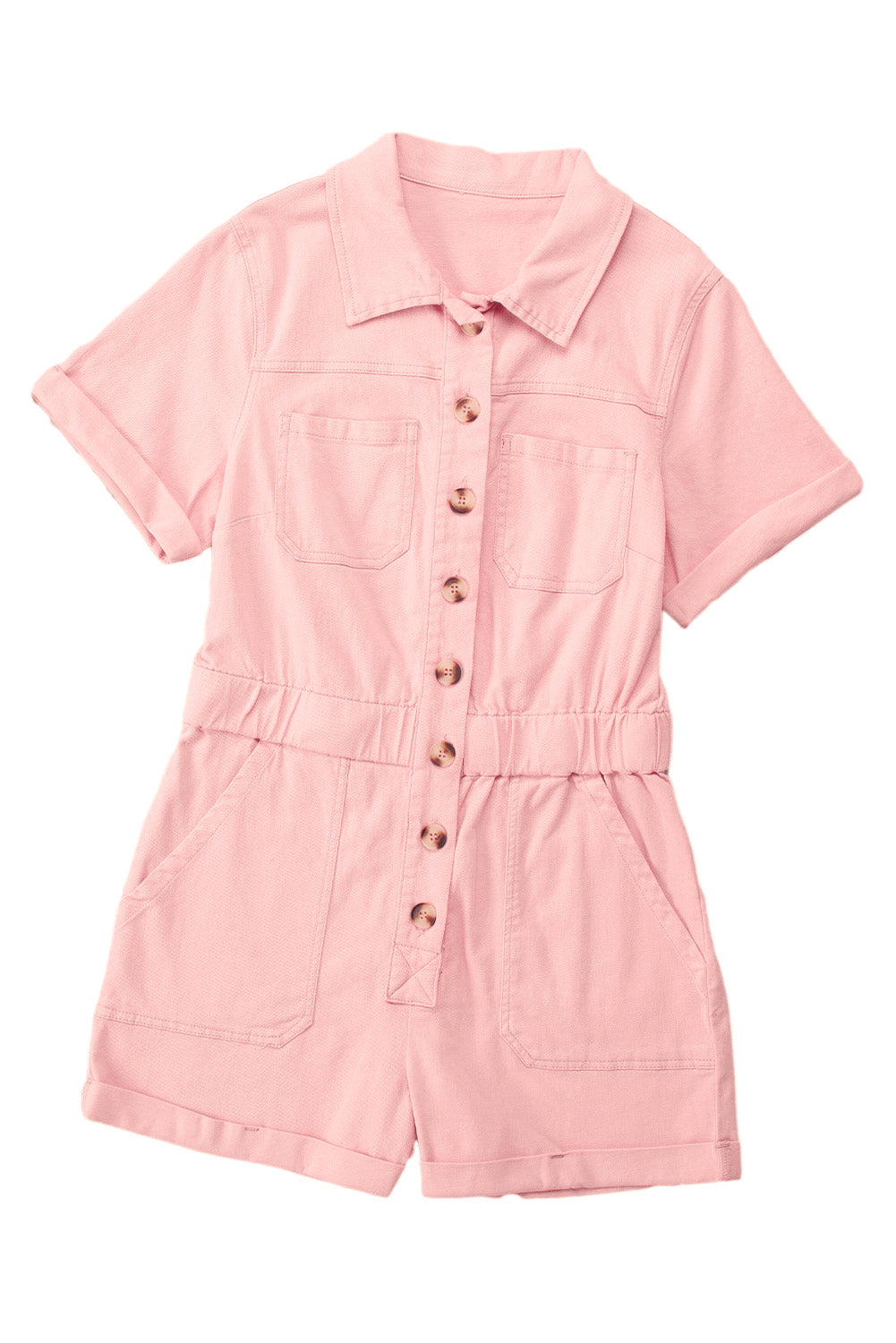 Pink Button Up Short Sleeve Denim Romper with Pockets