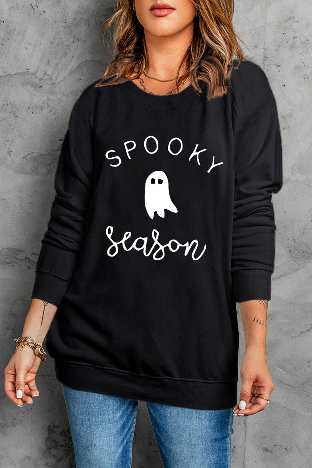 Black SPOOKY Season Ghost Print Graphic Sweatshirt