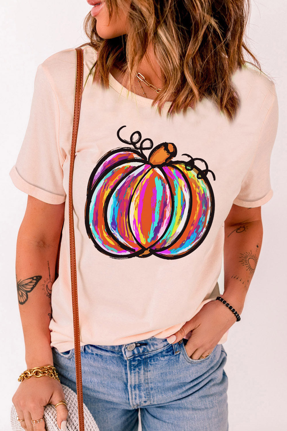 Pink Colorful Pumpkin Graphic Casual T-shirt