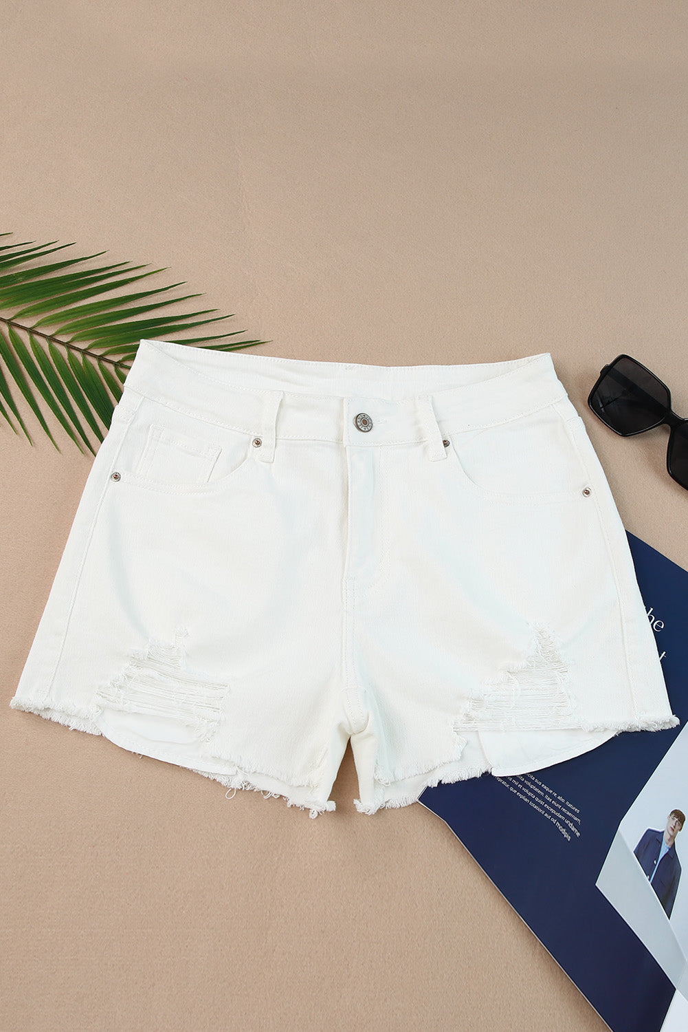 White Frayed Distressed Denim Shorts