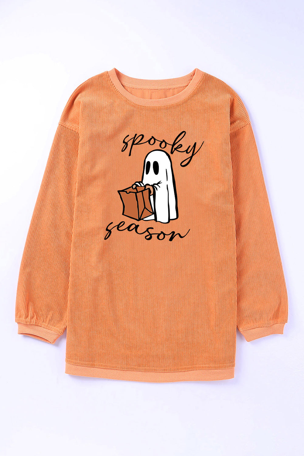 Orange Spooky Season Ghost Print Ribbed Pullover Sweatshirt