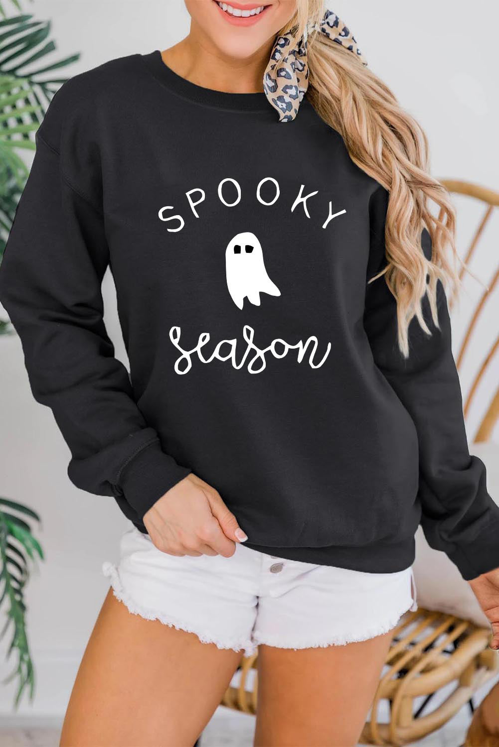 Black SPOOKY Season Ghost Print Graphic Sweatshirt