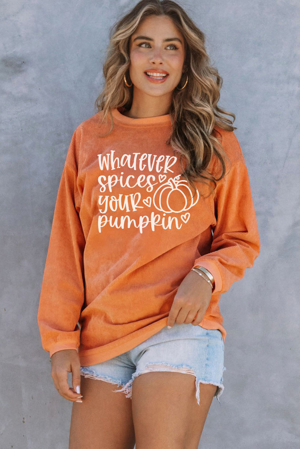 Orange Pumpkin Letter Print Oversized Corduroy Sweatshirt