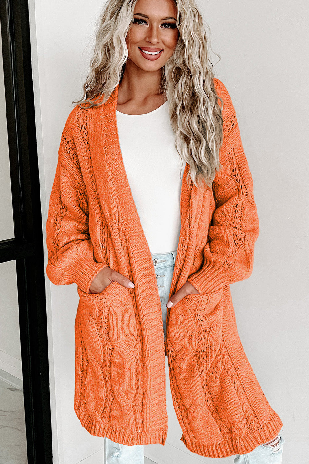 Red Ribbed Trim Hollow Knit Side Slits Cardigan