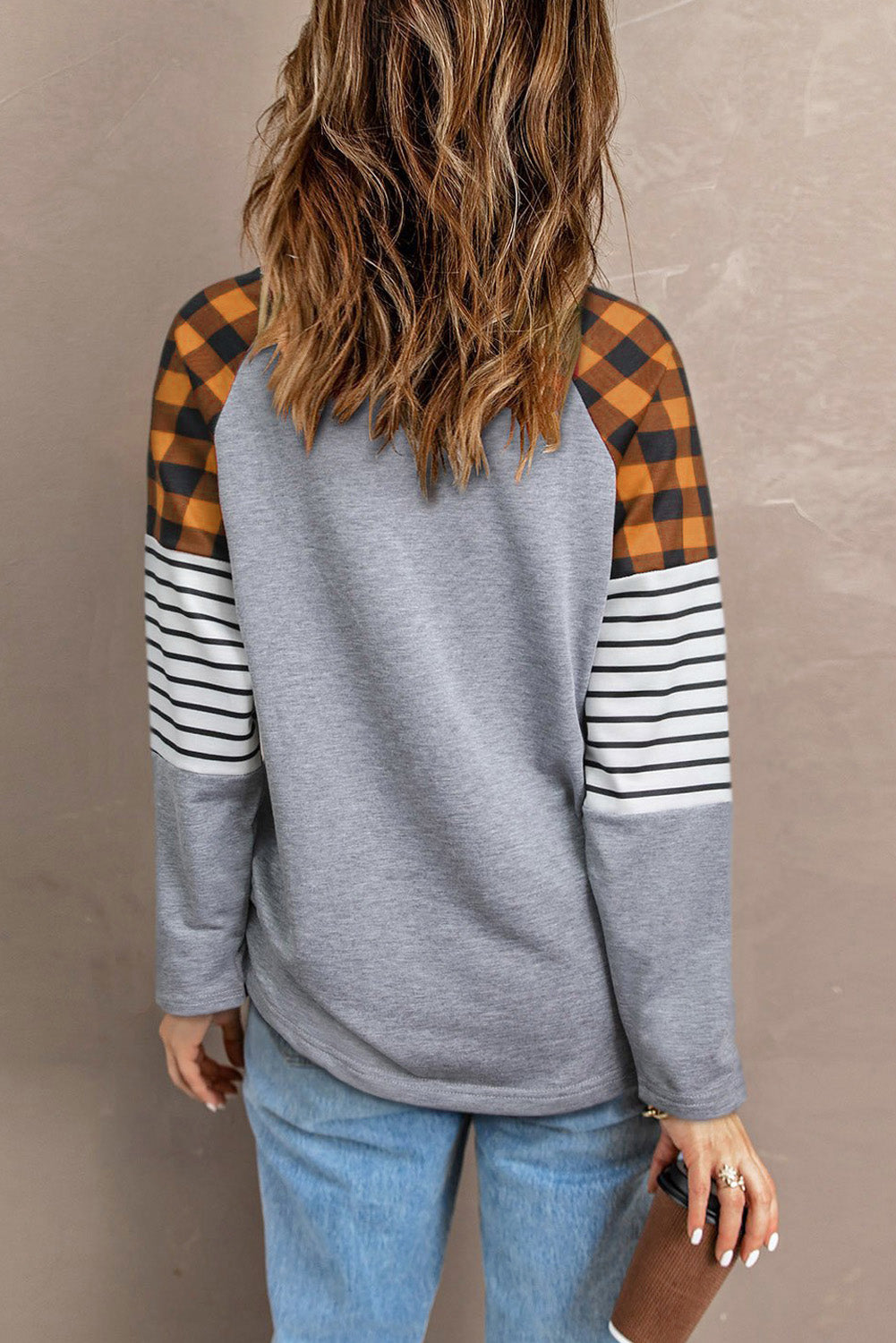 Orange Pumpkin Plaid Striped Graphic Long Sleeve Top