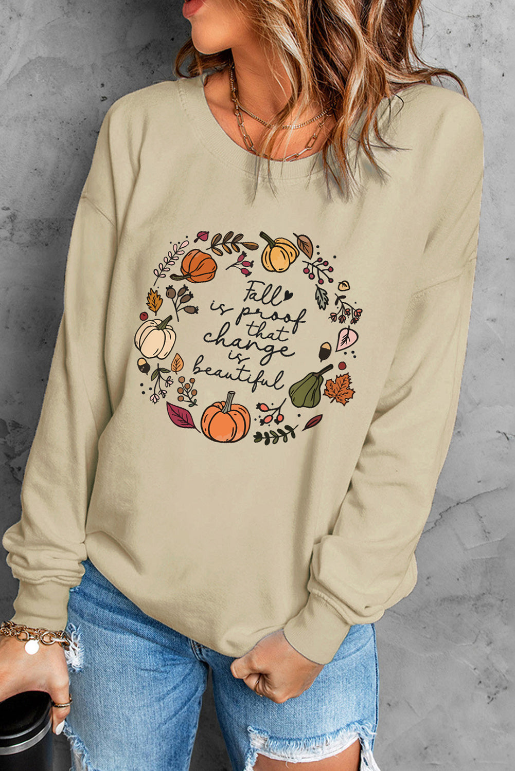 Khaki Fall Vibe Pumpkin Print Round Neck Sweatshirt