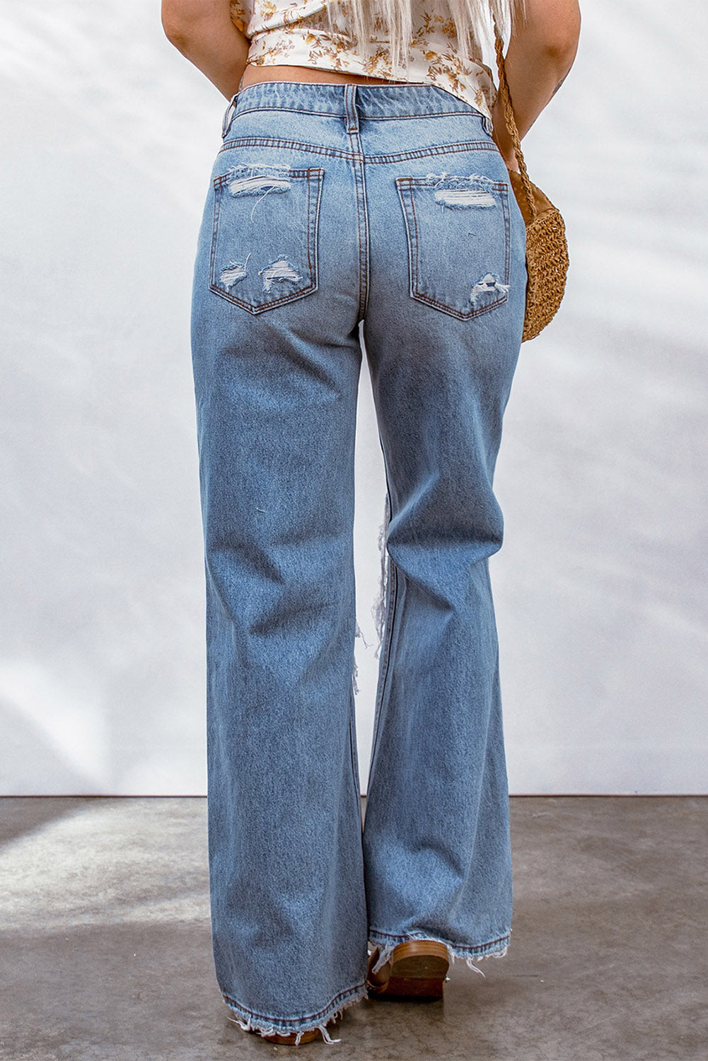 Light Blue Destroyed Ripped Casual Wide Leg Jeans