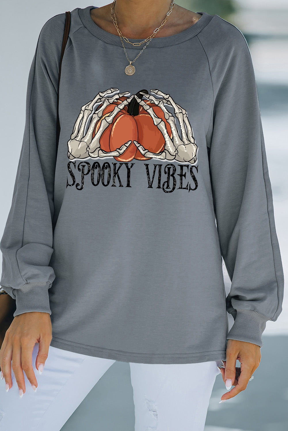Gray Halloween SPOOKY VIBES Pumpkin Graphic Sweatshirt