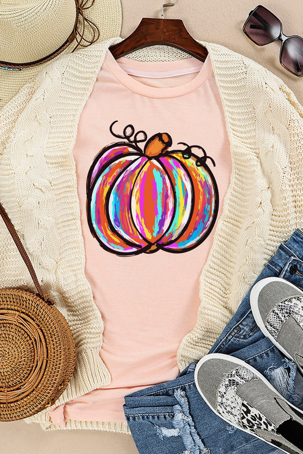 Pink Colorful Pumpkin Graphic Casual T-shirt