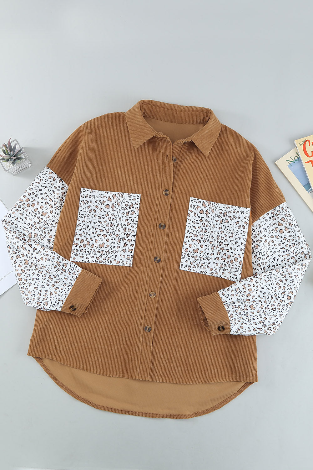 Brown Button Up Colorblock Pocket Corduroy Shacket