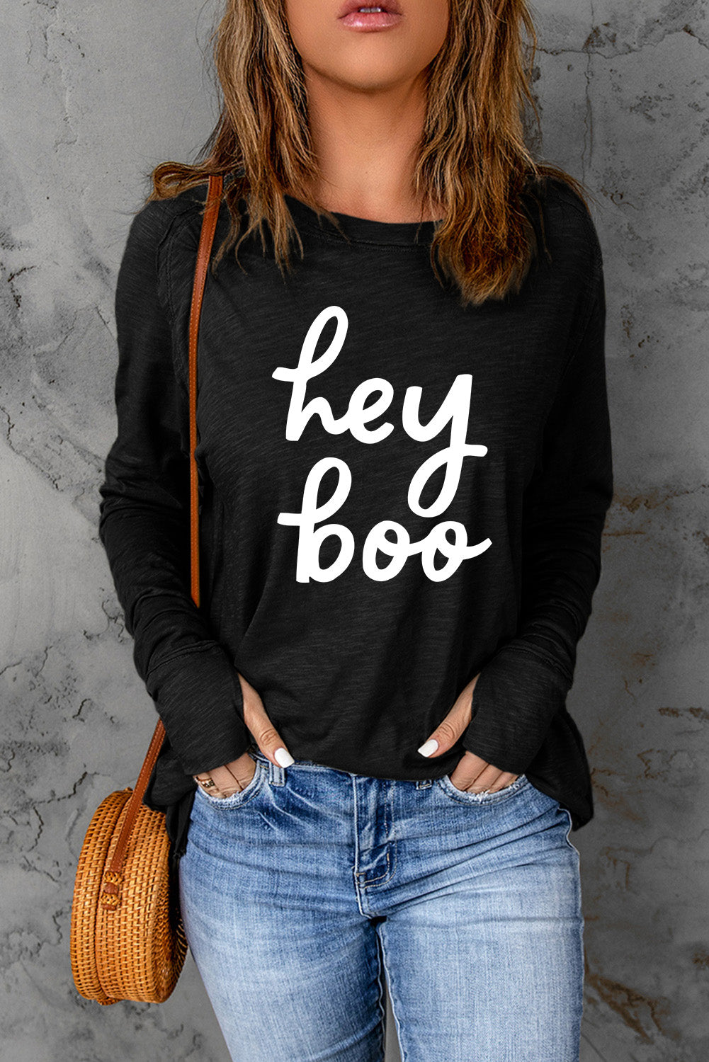 Black Hey Boo Loose Fit Crew Neck Graphic T Shirt