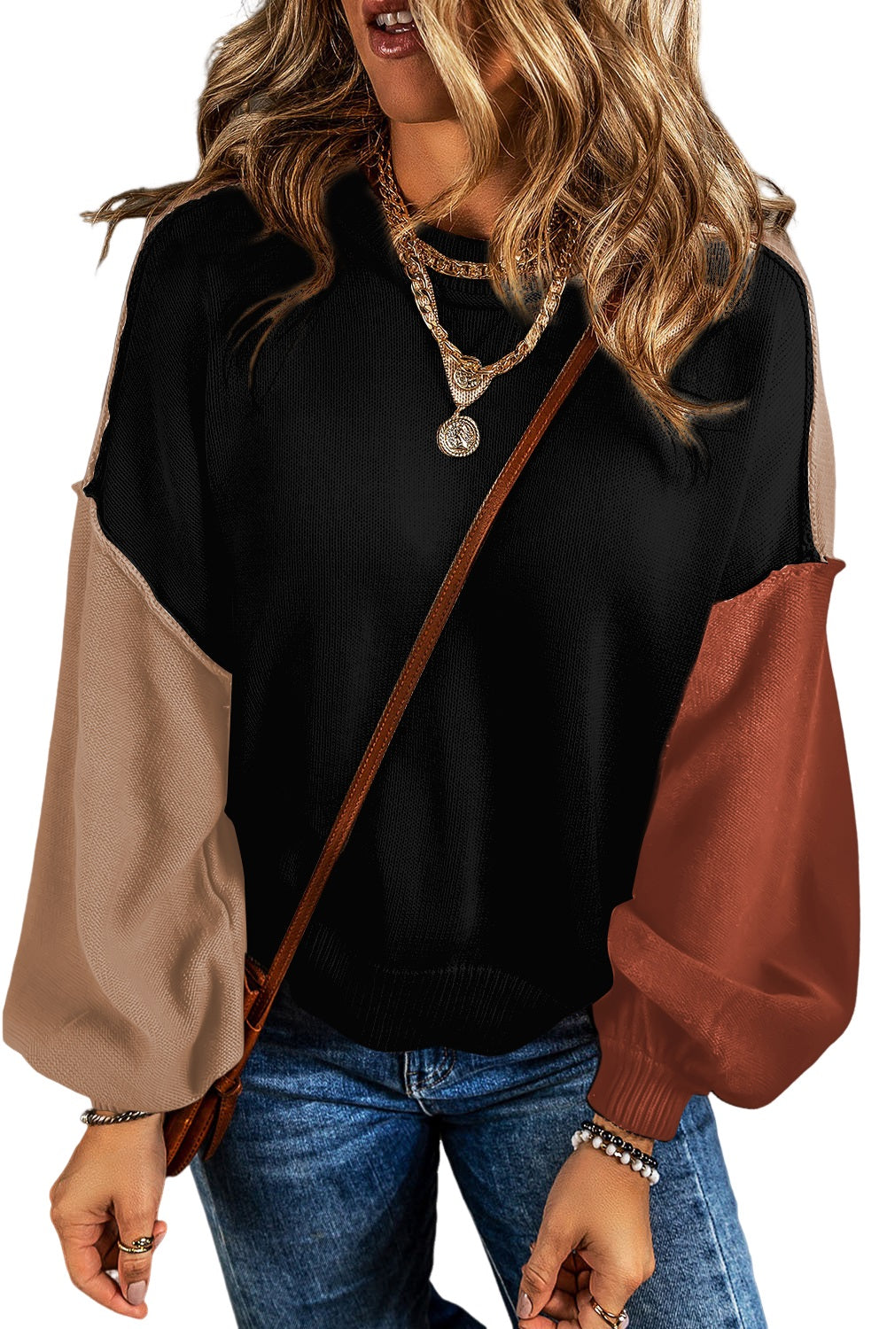 Brown Colorblock Bishop Sleeve Exposed Seam Ribbed Trim Sweater