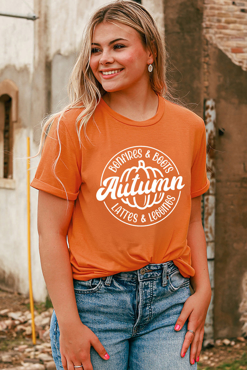 Orange Autumn Pumpkin Print Crewneck Graphic T Shirt