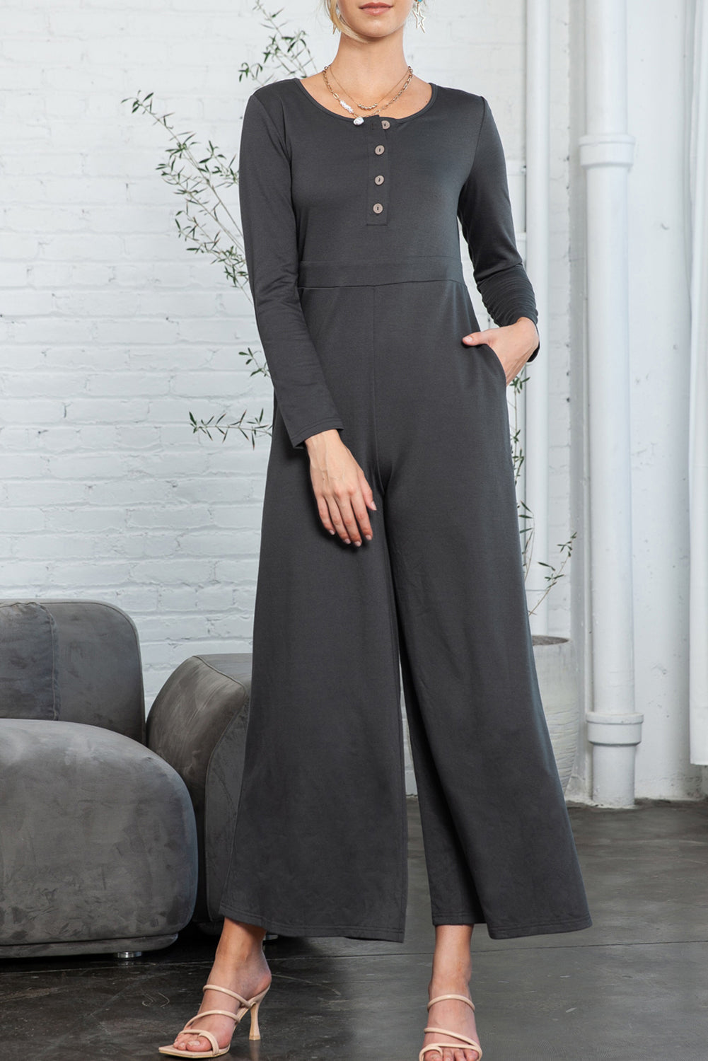 Grey Henley Long Sleeve Wide Leg Jumpsuit with Pockets