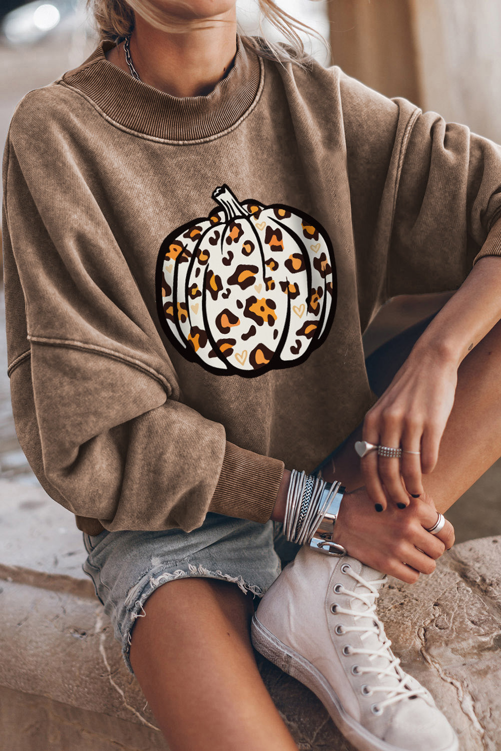 Brown Leopard Pumpkin Graphic Drop Shoulder Sweatshirt