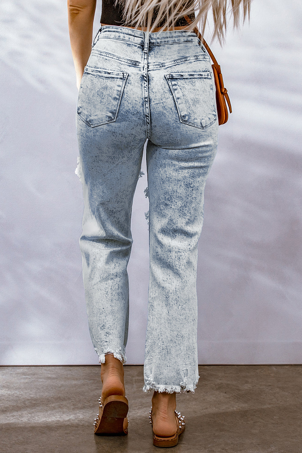 Sky Blue Hollow-out Light Washed Ripped Boyfriend Jeans