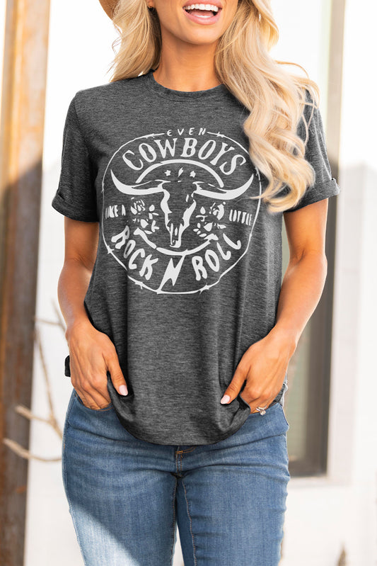 Grey Cowboys Letter Cow Print Western Short Sleeve Graphic Tee