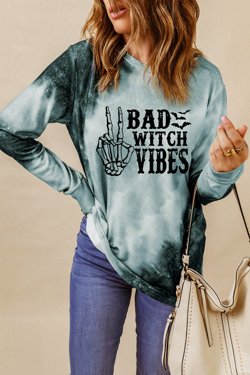 Gray Tie Dye BAD WITCH VIBES Graphic Long Sleeve Top
