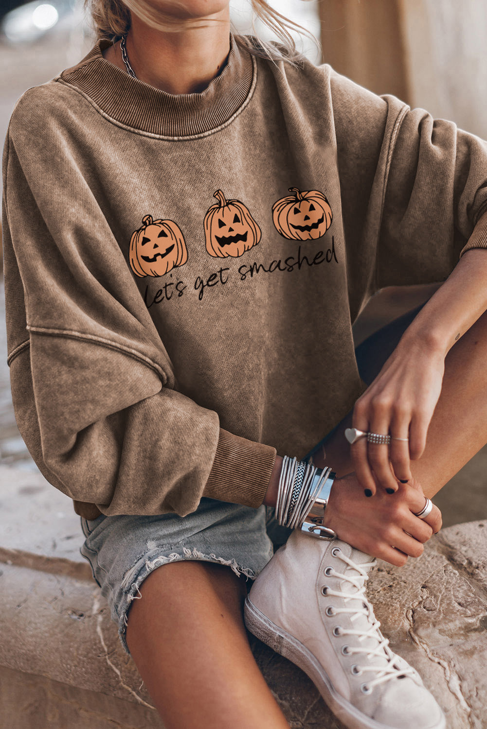 Brown Lets Get Smashed Halloween Pumpkin Graphic Sweatshirt